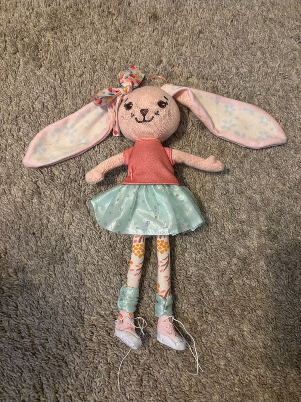 Pink Bunny Plush Doll with Teal Skirt - Kids Toy